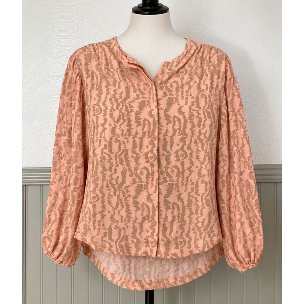 Elizabeth and James Pink & Tan Abstract Print Blouse Long Sleeve Women’s Large